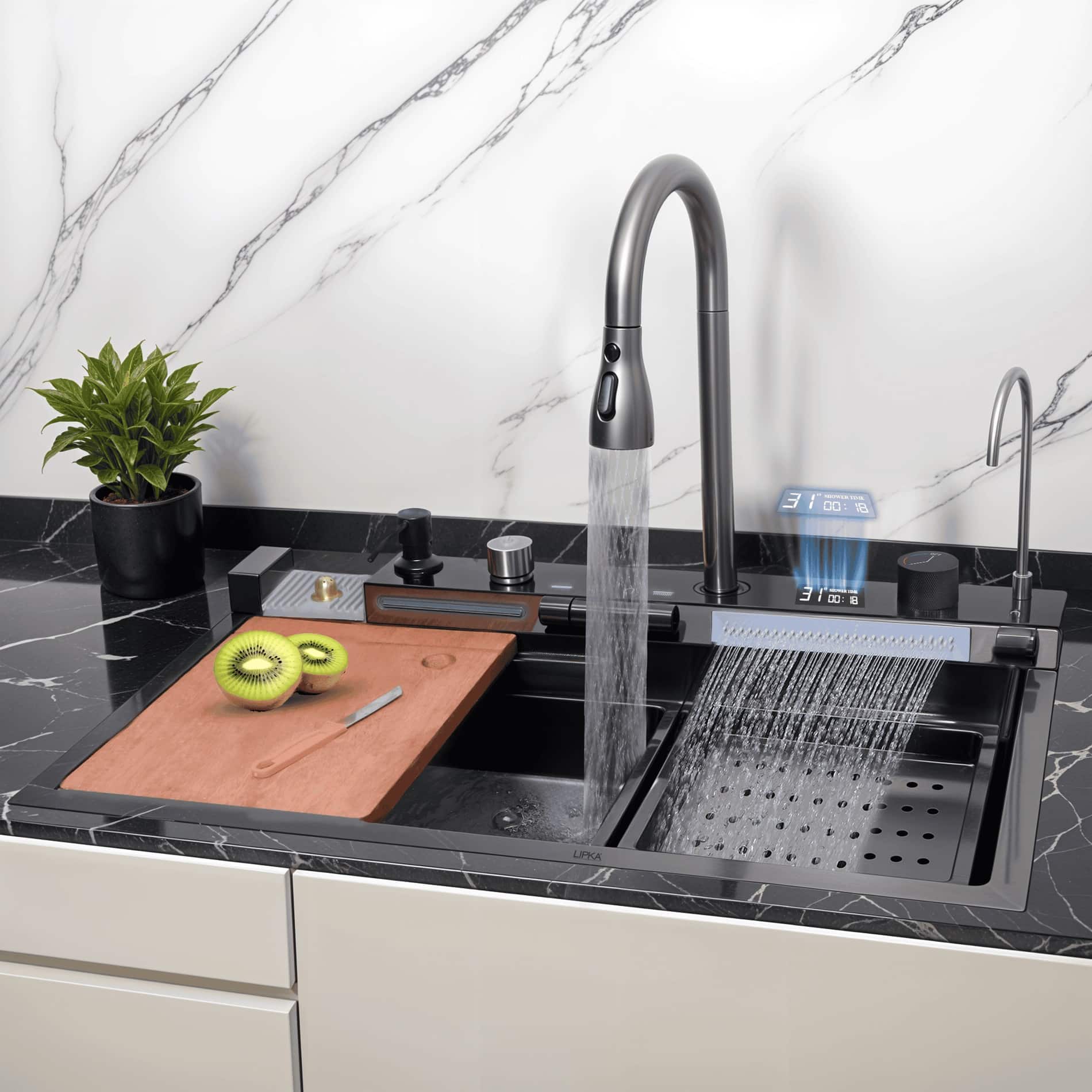 new S R Internationals 5 button Waterfall Kitchen Sink with Digital Display-30x18x10